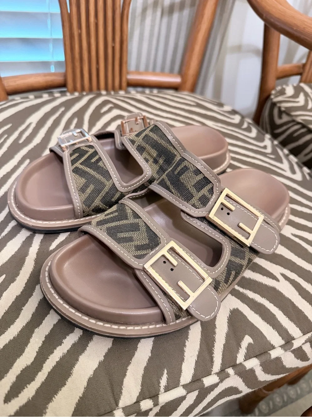 Fendi Taupe Logo Double-Buckle Slide Sandals for Kids